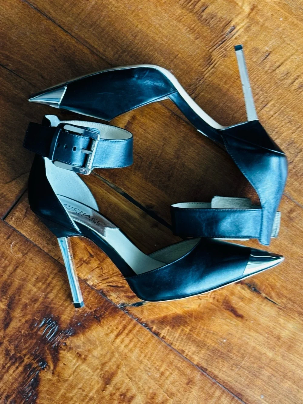 NWOT - Michael Kors Black Leather Pointed-Toe Ankle-Strap Heels with Silver Cap